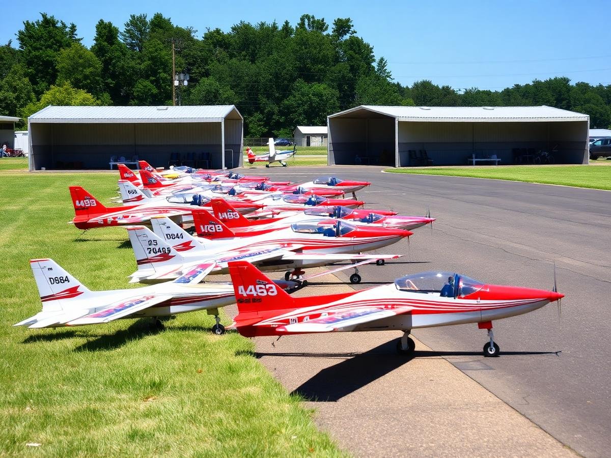 Aeromodelos alinhados na pista do clube